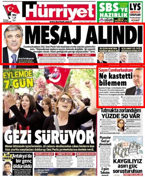 Cumhurbaşkanı Gül ile Başbakan Erdoğan’ın tıpkı demokrasi tanımında olduğu gibi  “mesajı alıp almama konusunda” da anlaşmazlığa düştüğü 4 Haziran manşetlerine böyle yansıdı.