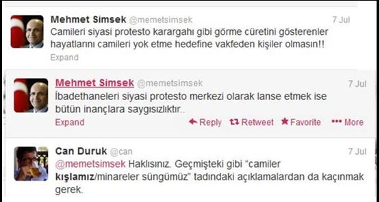 AKP Maliye Bakanı Memet Şimşek’in Camiilerin işlevi hakkındaki düşüncesi, bir twitter kullanıcısı tarafından Başbakan’ın bir siyasi mitinge söyleyip hapse mahkum olmasına sebep olan “Camileler kışlamız, minareler süngümüz”  ifadesiyle çeliştiğini dile getirdiğini gösteren yazışma..