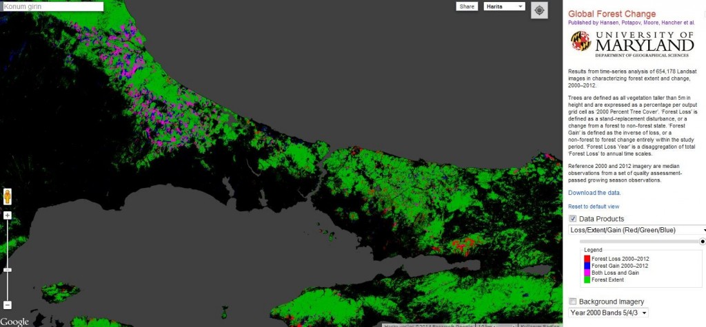 Maryland Üniversitesi’nin Google ile işbirliği sonucunda dünyadaki ormanların nasıl ve nerede yok olduğunu interaktif olarak gösteren http://earthenginepartners.appspot.com/science-2013-global-forest internet sitesi ve çevrecilikle övünen AKP’nin aslında rant için orman kaynaklarını yıllar içerisinde nasıl yokettiğini gösteren İstanbul orman kayıpları haritası 
