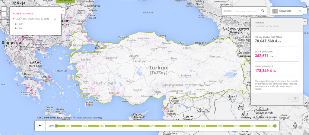 Dünya Doğal Kaynaklar Enstitüsü liderliğinde Google, BM Çevre Programı, BM Küresel Çevre Programı ve 40'tan fazla ortağın bulunduğu bir konsorsiyum, uydu verileri diğer bilgilerle derlenen Küresel Orman Takip ve Uyarı Sistemi kapsamında Ocak 2000-Aralık 2012 tarihlerine ilişkin bir rapor yayımladı. Bu raporda, Türkiye 'de net orman kaybının 164 bin 222 hektar olduğu tespit edildi. Küresel Orman Takip ve Uyarı Sistemi verilerine göre Türkiye, son 12 yılda 164 bin 222 hektar ormanını kaybetti. Bu alan Kayseri büyüklüğünde bir alan. En çok orman kaybının olduğu iller Antalya ve İstanbul oldu. Bu tarihler arasında Türkiye çapında 342 bin 571 hektar orman kaybı olduğu, yine aynı sürede 178 bin 349 hektarlık alanın ormanlaştırıldığı belirtildi. Sonuçta 164 bin 222 hektarlık orman kaybı yaşandı.