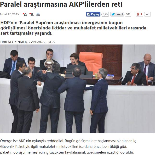 HDP'nin 'Paralel Yapı'nın araştırılması önergesi AKP oylarıyla reddedildi. Kaynak: http://www.sozcu.com.tr/2015/gundem/paralel-arastirmasina-akplilerden-ret-746357/